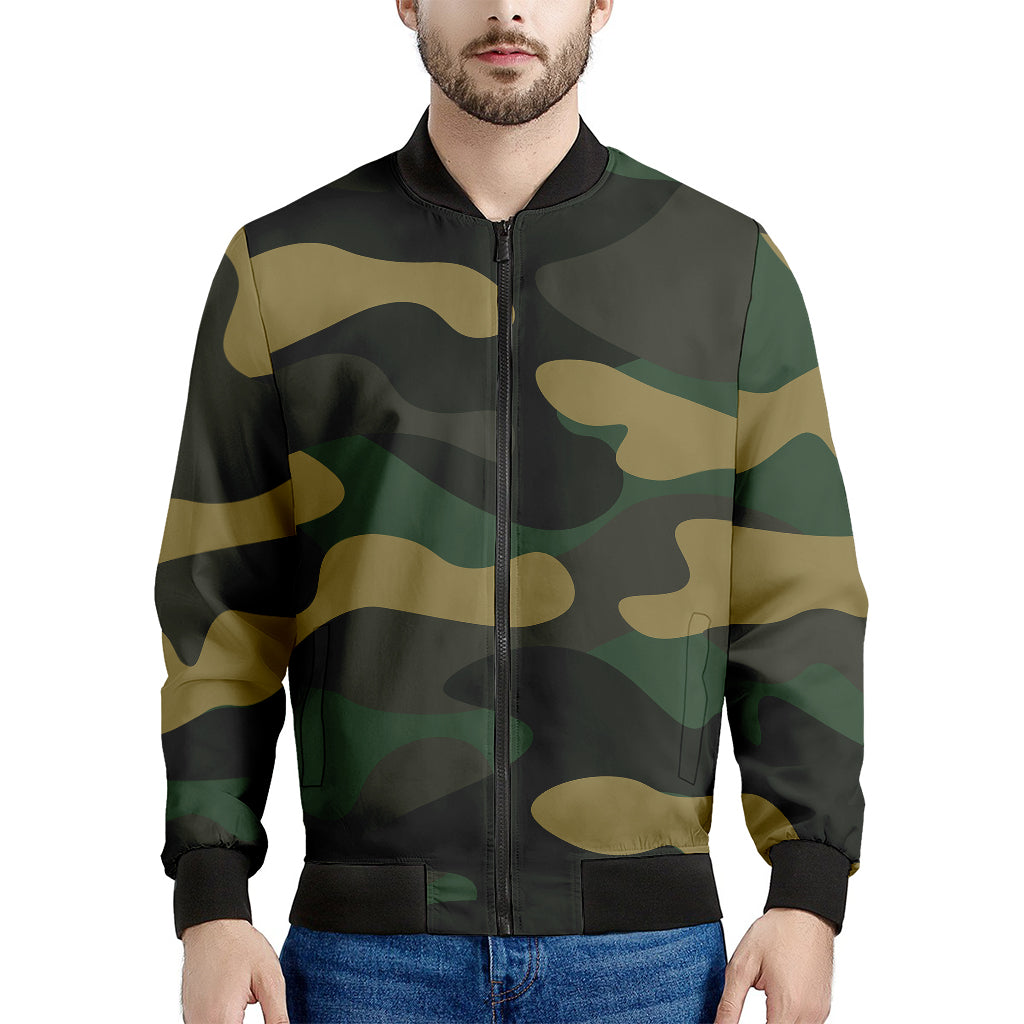 Black And Green Camouflage Print Men's Bomber Jacket