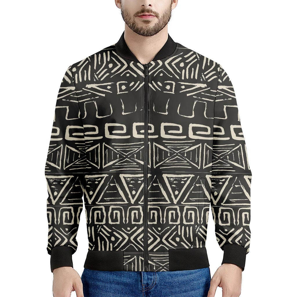 Beige Aztec Pattern Print Men's Bomber Jacket