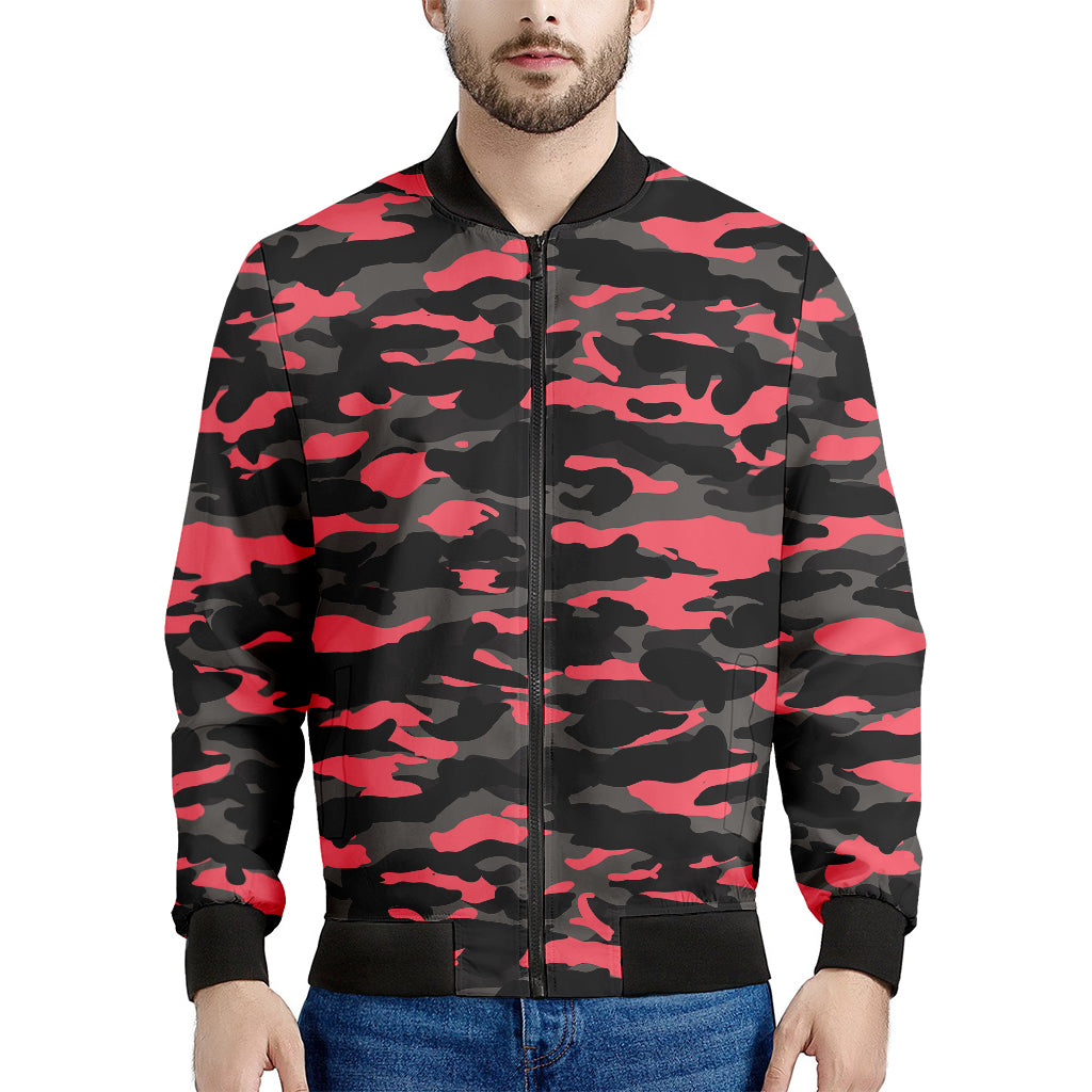 Black And Pink Camouflage Print Men's Bomber Jacket