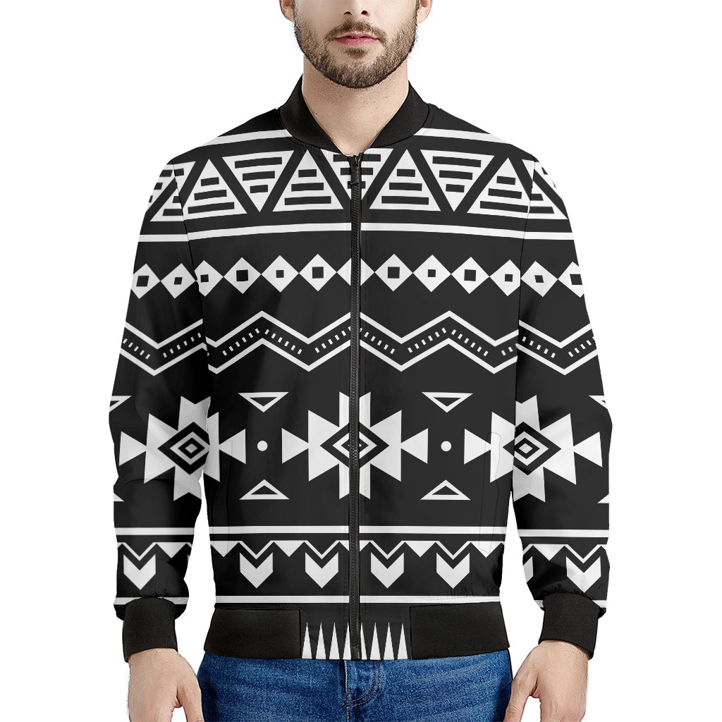 Black And White Aztec Pattern Print Men's Bomber Jacket